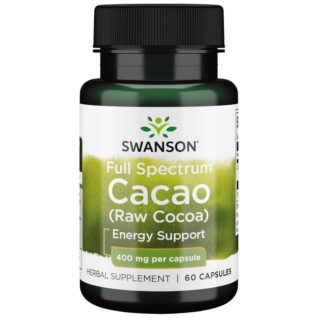Swanson Full Spectrum Cacao (Raw Cocoa) - Herbal Supplement Promoting Mild Energy Support - Traditional Whole Fruit Formula - (60 Capsules, 400 mg cada uno)