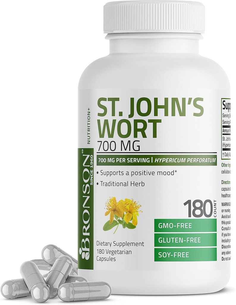 Bronson St. John's Wort 700 MG per Serving Hypericum Perforatum Supports a Positive Mood - Non-GMO, 180 Vegetarian Capsules
