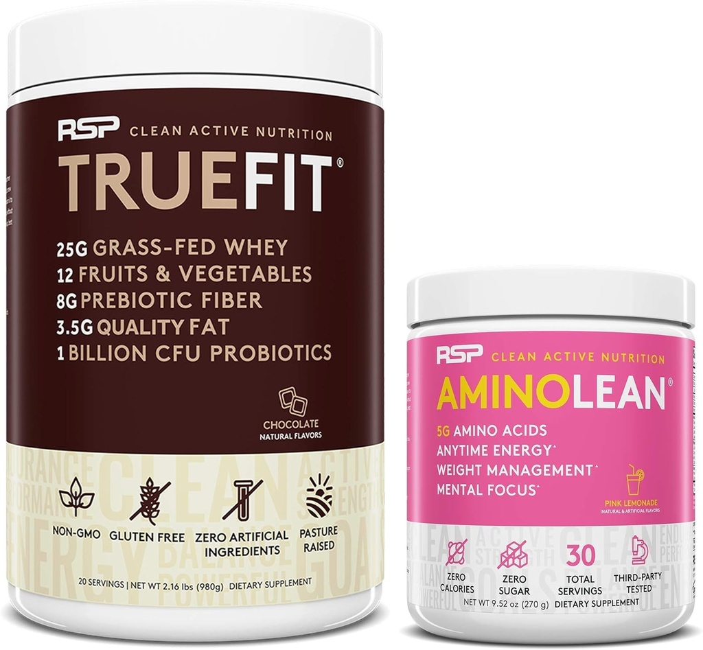 RSP NUTRITION AminoLean Pre Workout Energy (Pink Lemonade 30 Servings) con TrueFit Protein Powder (Chocolate 2 LB)