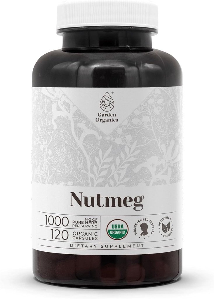 Nutmeg USDA Organic 120 Capsules ← Suplemento Natural de Alta Potencia Silencio Certified Organic Vegetarian Capsules and Organic Nutmeg (Myristica fragrans) Dried Nut (120 cápsulas)