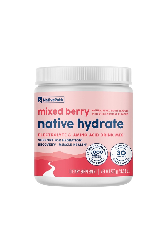 Hidrata NativaPath, Azúcar Cero, Electrolitos Polvo con BCAAs, Hidratación de Berry mixta, Keto & Paleo Friendly, 30 Servimientos
