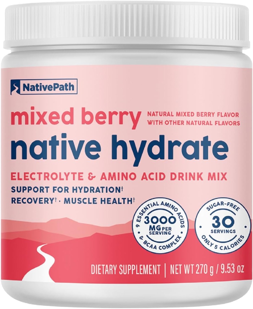 NativePath Native Hydrate, Zero Sugar, Electrolytes Powder with BCAAs, Mixed Berry Hydration, Keto & Paleo Friendly, 30 Servings