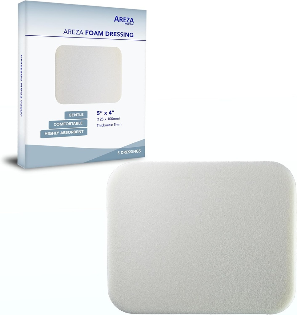 Areza Medical - Foam Wound Dressing - Polyurethane - Sterile - 5" x 4" (12.5 cm x 10 cm) - 5 PCS