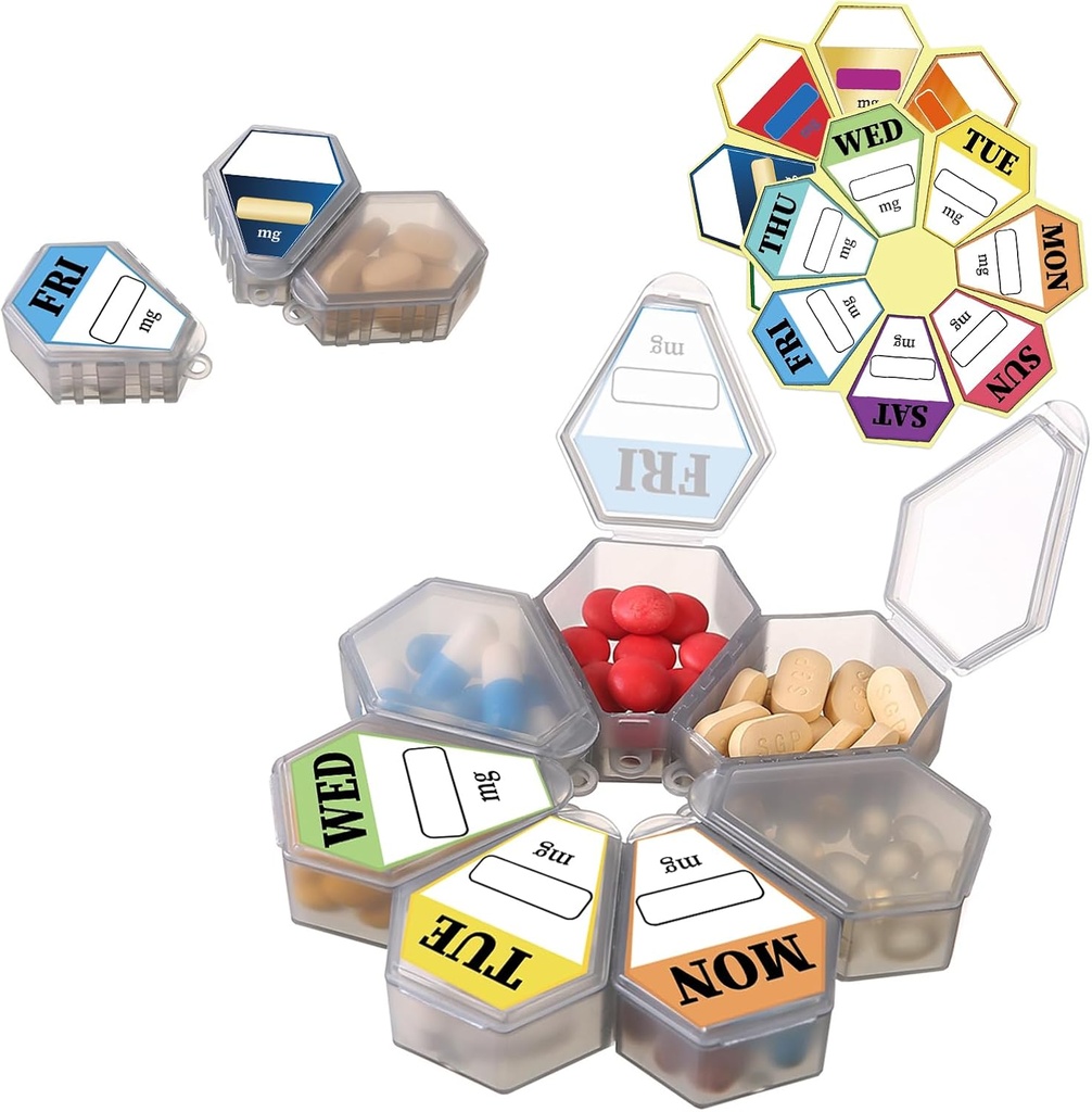 7-in-1 Organizador de píldoras de viaje - Assemble into Large Circular Pill Box or Use Separately - Incluye 7 pequeños componentes de la caja (1Pack Gray con 14 pegatinas de etiqueta)