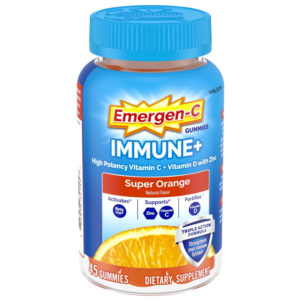 Emergen-C Immune+ Triple Action Immune Support Gummies, BetaVia (R), 1000mg Vitamina C, B Vitaminas, Vitamina D y Antioxidantes, Super Orange, Volver a Esenciales Escolares - 45 Cuenta