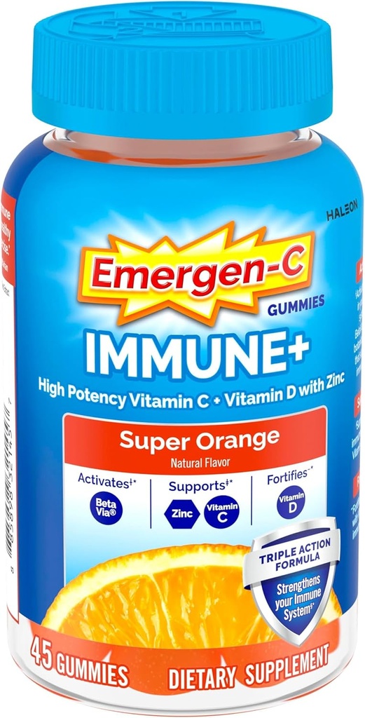 Emergen-C Immune+ Triple Action Immune Support Gummies, BetaVia (R), 1000mg Vitamina C, B Vitaminas, Vitamina D y Antioxidantes, Super Orange, Volver a Esenciales Escolares - 45 Cuenta