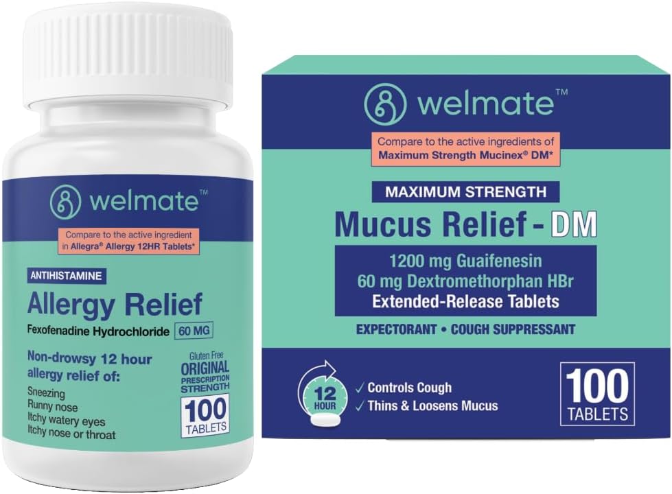 WELMATE Total Respiratory Health Bundle: Allergy Relief Fexofenadine HCl 60mg (100 Ct) 12-Hour Non-Drowsy Antihistamine + Maximum Strength Mucus Relief DM 1200mg Guaifenesin &amp; 60mg DXM (100 Ct)
