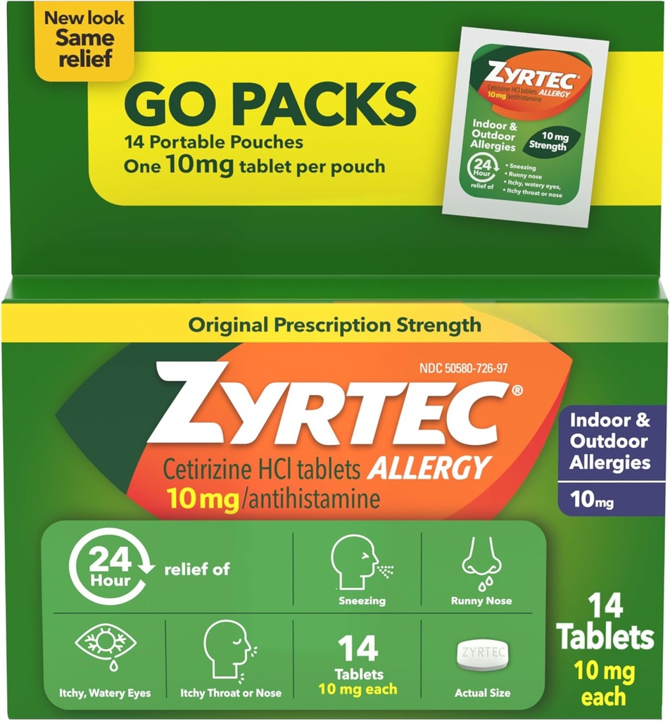 Zyrtec 24 horas Alivio de Alergia Tabletas, Antihistamina Indoor &amp; Anti Alergia al aire libre Medicina + Cetirizina HCl, Alivio de Runny Nose, Sneezing, " Ojos picantes, Paquetes individuales, 14 x 1 ct Packets
