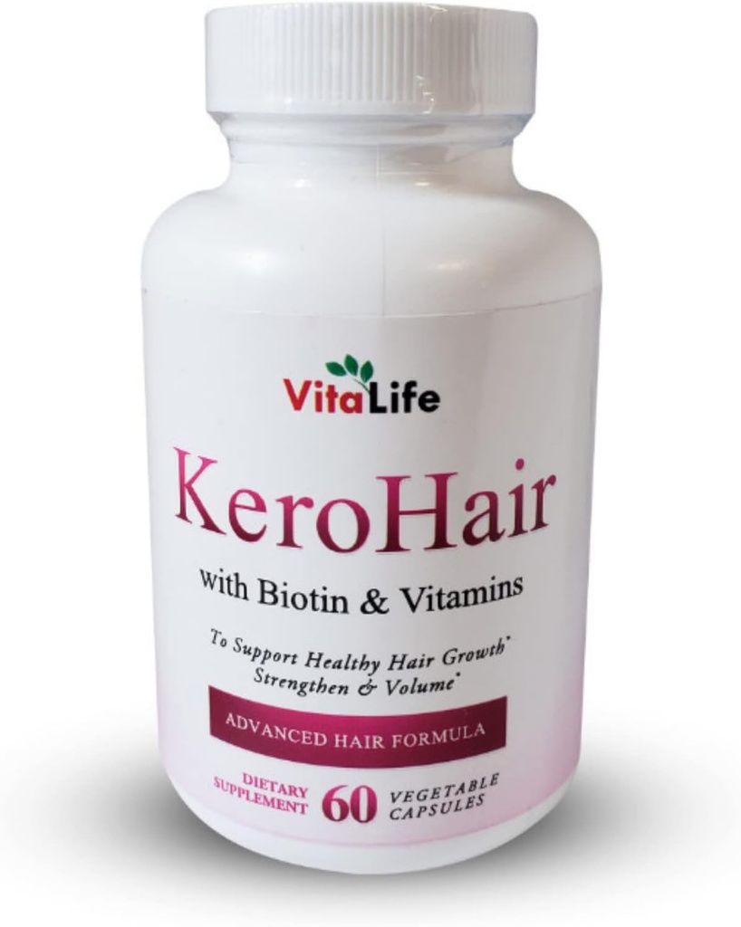 KeroHair Suplemento completo con vitaminas y biotina I 60 cápsulas para el crecimiento del cabello fuerte y saludable - Previene la pérdida del cabello ← Aprobado* Enriquecido con Biotina Extra y Vitamina B