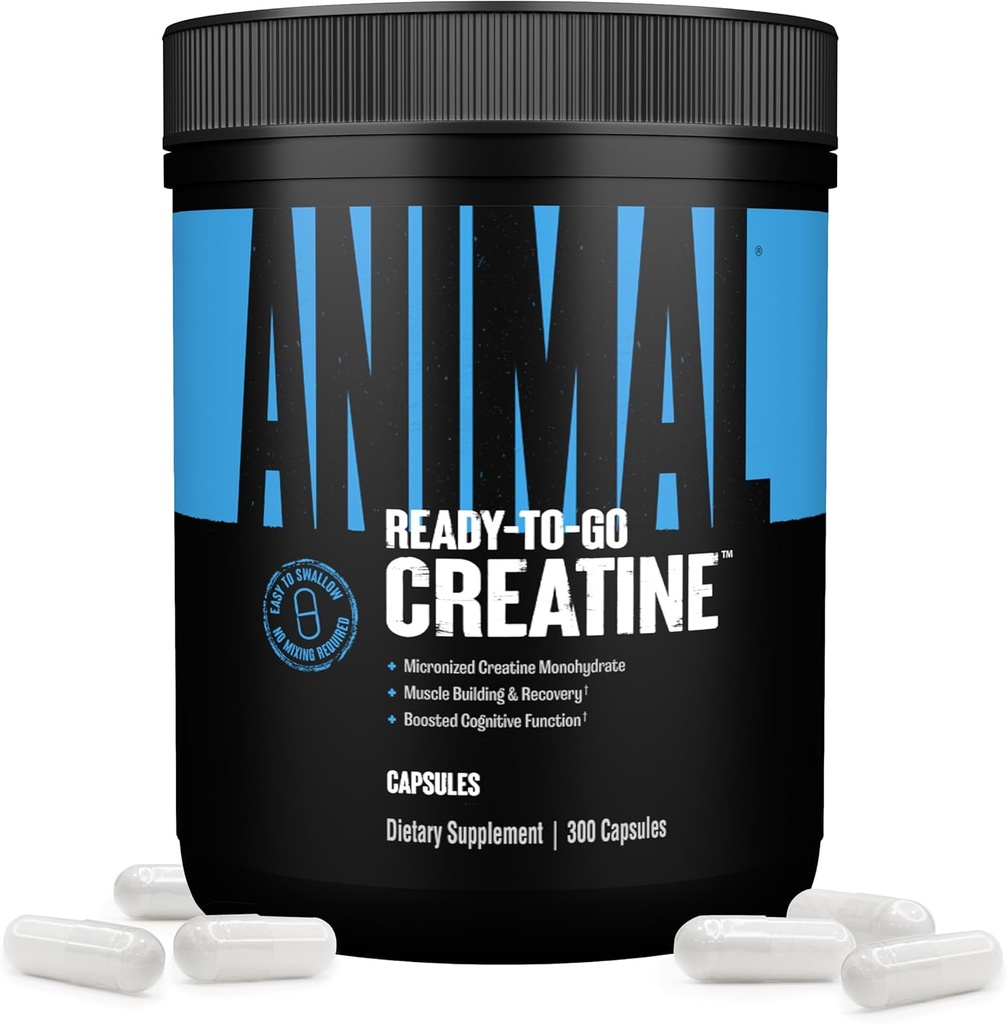 Cápsulas de monohidrato de animales micronizados - 300 Cápsulas, 2500 mg por servicio para apoyar el crecimiento muscular, resistencia, producción ATP, función cognitiva, fuerza, recuperación y fatiga muscular