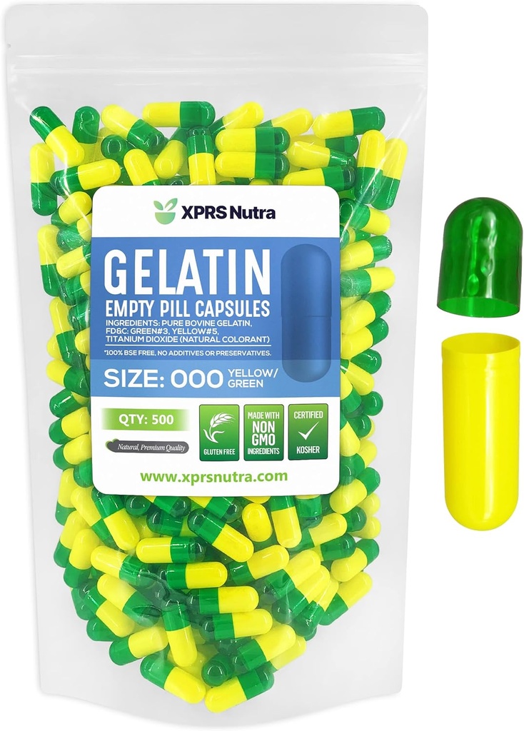 XPRS Nutra Size 000 Empty Capsules - 500 Conde Empty Gelatin Capsules - DIY suplemento capsule relleno - Fillable color Gel Caps Pills (Green/Yellow)