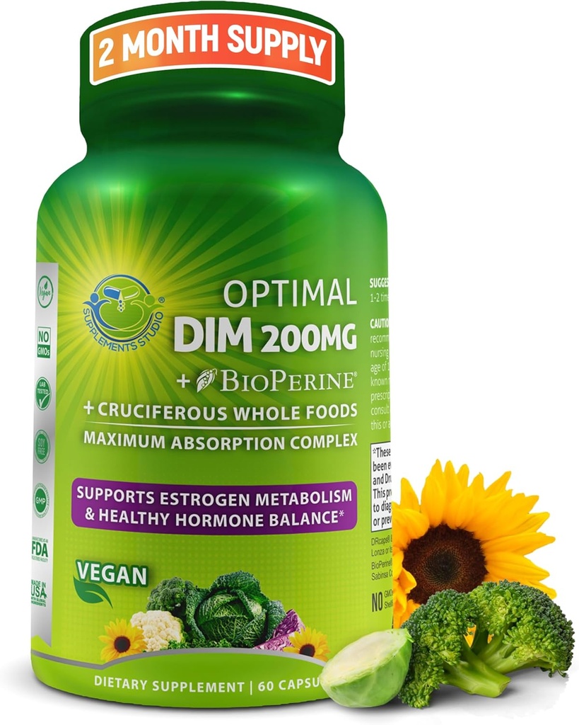 Optimal DIM 200mg Suplemento para Mujeres y Hombres - Hecho con alimentos integrales orgánicos - Estrógeno &amp; Equilibrio hormonal Soporte Complejo de Diindolylmetano - Absorción máxima Delayed-Release Capsules - 60 Cuenta