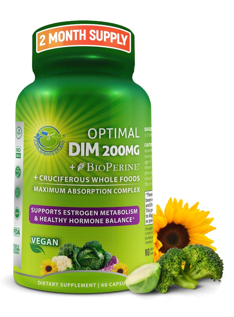Optimal DIM 200mg Suplemento para Mujeres y Hombres - Hecho con alimentos integrales orgánicos - Estrógeno &amp; Equilibrio hormonal Soporte Complejo de Diindolylmetano - Absorción máxima Delayed-Release Capsules - 60 Cuenta
