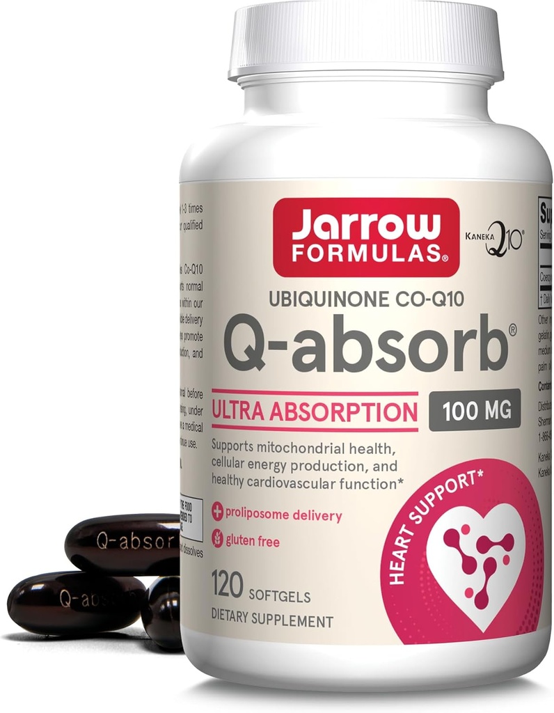 Jarrow Formulas Q-Absorb Ubiquinone Co-Q10 100 mg, Suplemento dietético, Apoyo Antioxidante para la salud mitocondrial, Producción de energía celular y salud cardiovascular, 120 Softgels, 120 Day Supply