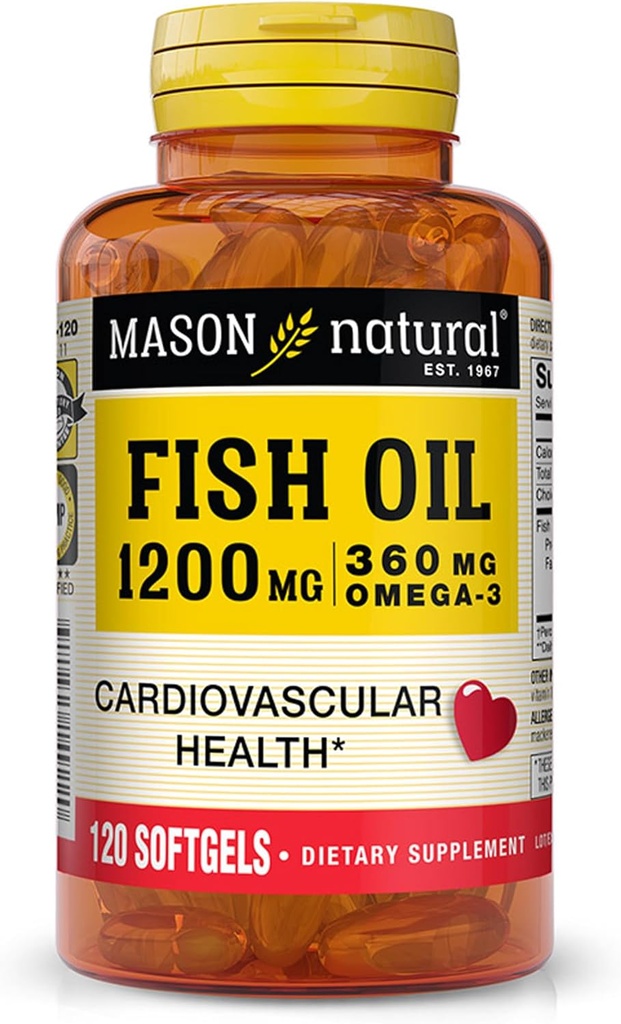MASON NATURAL Fish Oil 1,200 mg Omega-3 360 mg - Healthy Heart, soporta la función circulatoria, mejora de la salud cardiovascular, 120 Softgels