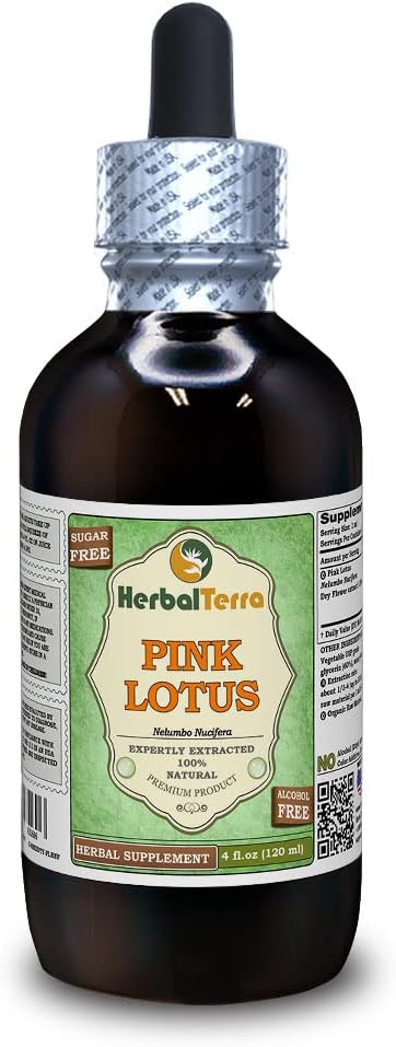 Pink Lotus (Nelumbo Nucifera) Glycerite, Organic Dried Leaves and Flowers Alcohol-Free Liquid Extract (Brand Name: HerbalTerra, Proudly Made in USA) 4 fl.oz (120 ml)
