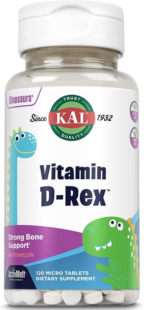 KAL Vitamin D-Rex, Kids Vitamin D, Natural Watermelon Flavor Instant Dissolve Melts, Immune, Heart, Bone, and Oral Health Support, 120 Servings, 120 Micro Tablets