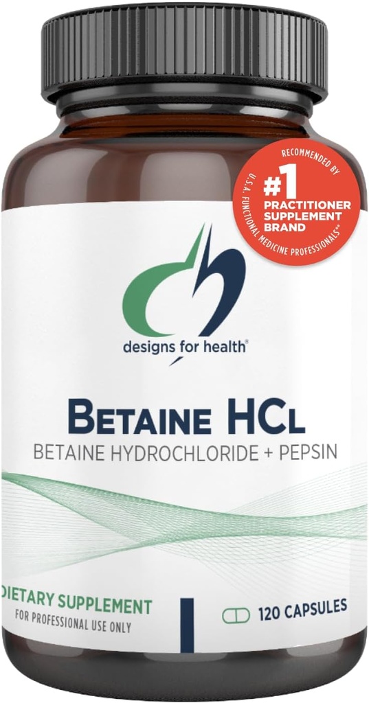 Diseños para el HCl de Betaine de Salud con Pepsin - 750mg Hidrocloruro de Betaine + Proteína Enzima Digestiva - No GMO Suplemento de Función Digestiva de Apoyo (120 cápsulas)