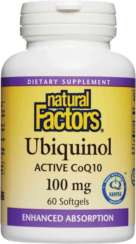 Factores naturales Ubiquinol 100 mg - Apoya la salud cardíaca " Vitalidad natural - Suplemento de apoyo antioxidante con absorción superior - Apoyo energético con aceite de linaza - 60 Softgels (60 Servings)