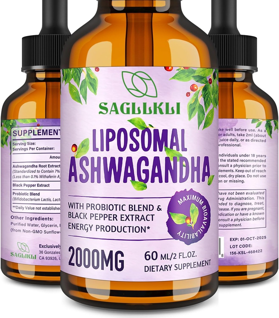 Liposomal Ashwagandha Liquid Drops 2000mg, Ashwagandha Root Extract Supplement (7% Withanolides) with Black Pepper Extract " Probiotics for Focus, Cognition & Energy - 2 FL.OZ (1 Bottle)