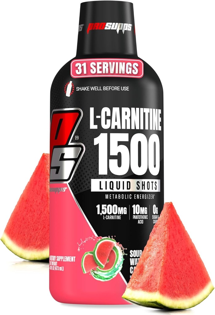 PROSUPPS L-Carnitine Liquid 1500, Stimulant-Free Liquid Shots for Men & Women - Clean Pre-Workout Drink for Energy, Performance & Muscle Recovery - No Sugar, No Carbs - 31 Servings, Watermelon Candy