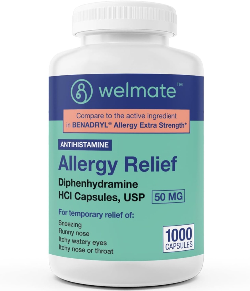 WeLMATE Alivio de la Alergia - Diphenhydramine 50 mg - 1000 Conde Cápsulas - Antihistamínico - Alergia " Síntomas fríos - Sneezing, Runny Nose, Itchy Eyes " Throat