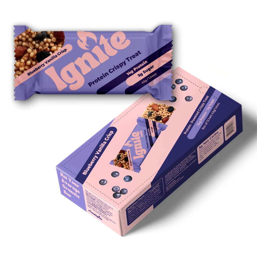 Ignite Bars Crispy Keto Rice Treat - High Protein, Low Sugar y Low Carb Snack - Guilt Free Food and Fiber Friendly Bars for Healthy Adults (Blueberry Vanilla Almond)