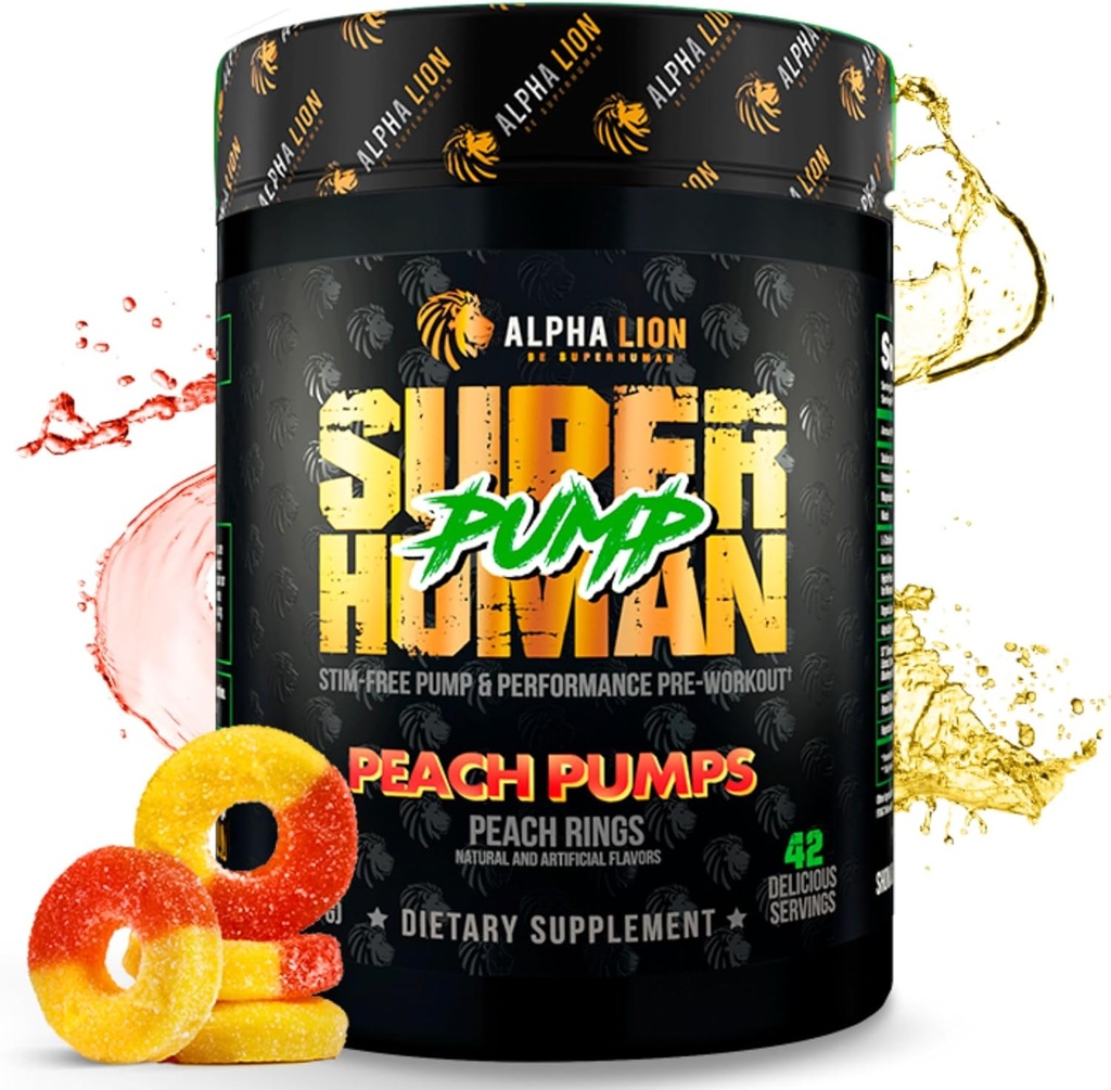 ALPHA LION Superhuman Pump Pre Workout Powder, Nootropic Caffeine &amp; Stim Free Preworkout Suplemento, Nitric Oxide Booster, Muscle Gainer, Energy & Focus (42 Servings, Peach Pumps Flavor)