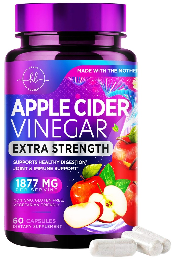 Manzana vinagre cápsulas 1877mg - ACV de fuerza adicional Pills with Vitamin D3 &amp; Zinc - Apple Vinegar Pills Suplemento para la Digestión, Energy &amp; Immune Support, Non-GMO, Botellado en EE.UU. - 60 cápsulas