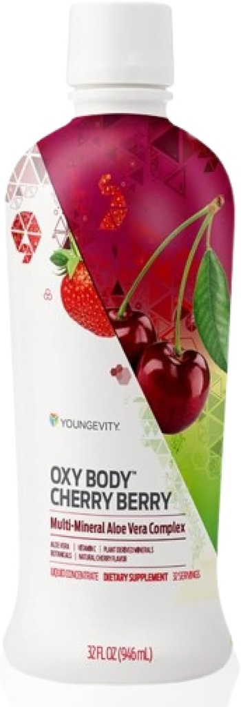 Youngevity Oxybody Cherry Berry Vitamins Minerals & Botanicals, 32 Fl Oz – Aloe Vera Bebida con sabor natural de cereza – Jugo de inmunidad, minerales y botánicos (Pack de 4)