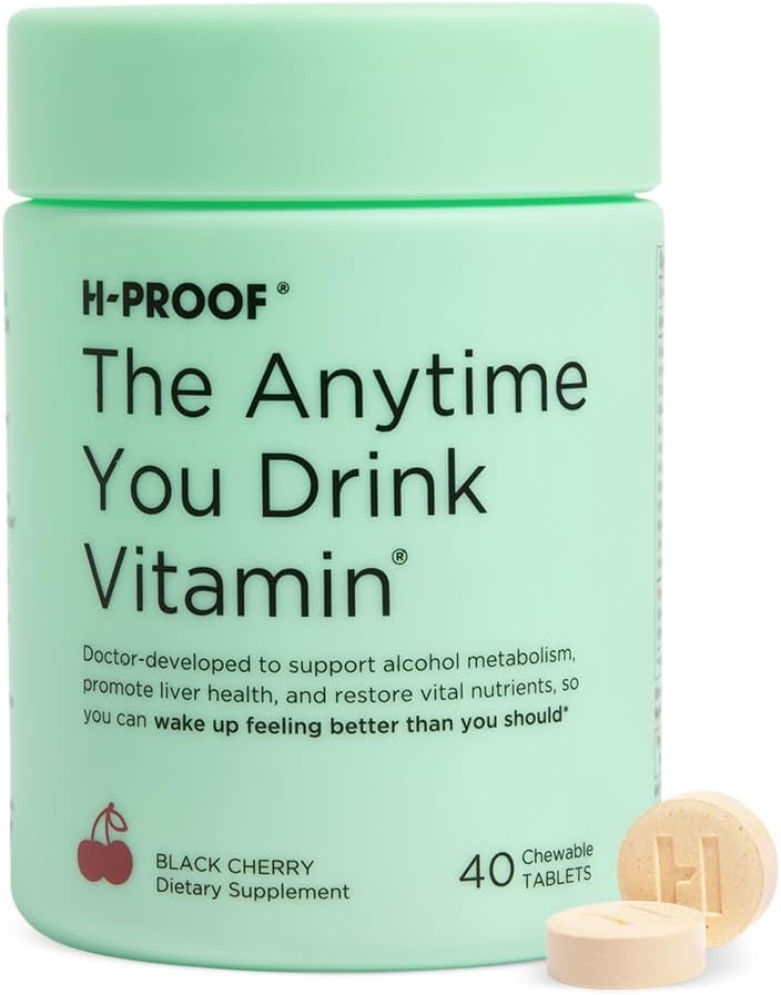 H-PROOF El tiempo que usted bebe Vitamina, Salud del hígado &amp; Immunity Support with Electrolytes, Milk Thistle, and Vitamins B &amp; C - 40 Chewable Tablets (20 Servings), Vegan, Cereza Negra