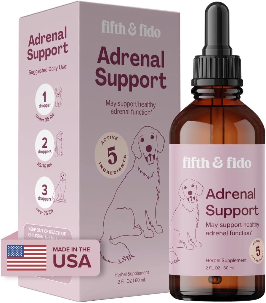 Quinto &amp; Fido Adrenal Soporte Líquido gotas para perros - Suplemento herbal con 5 Ingredientes activos - Mayo Ayuda Promover Función Adrenal saludable - 4 fl oz
