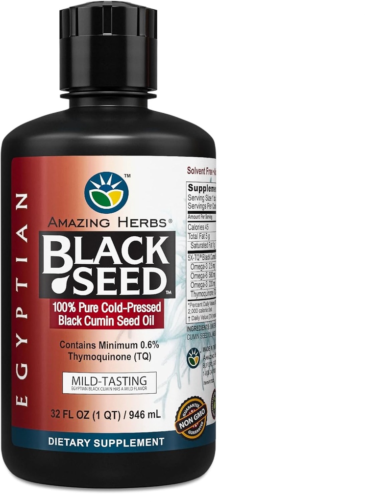 Hierbas increíbles Egipto negro semillas aceite - Gluten libre, no GMO, frío prensado Nigella Sativa ayudas en la salud digestiva, apoyo inmunológico, función cerebral, sabor suave - 32 Fl Oz