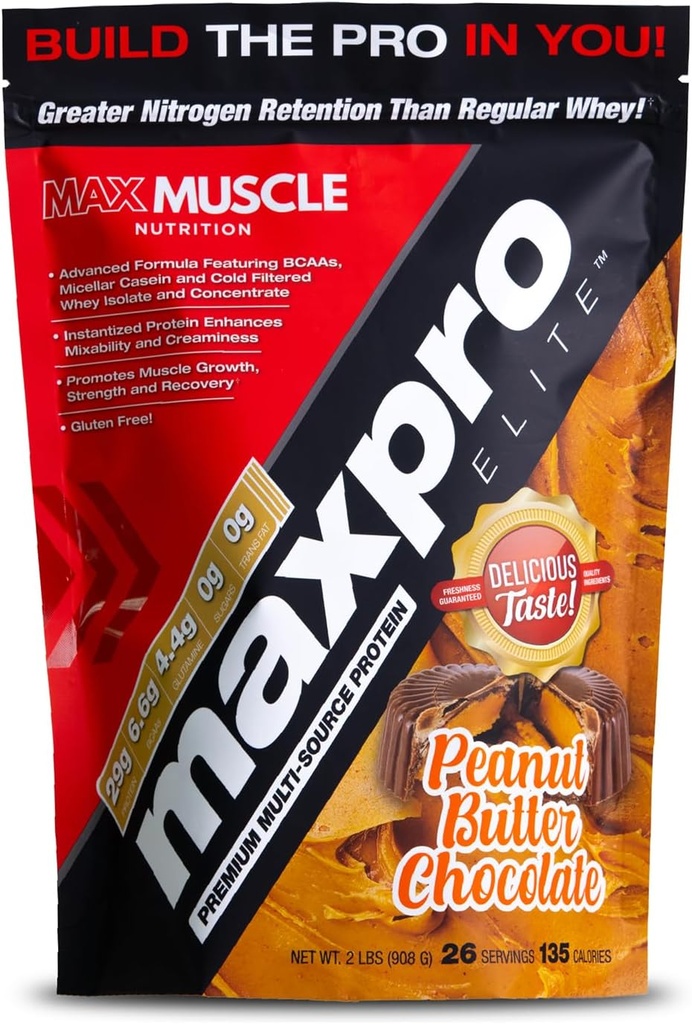 Max Muscle Maxpro Elite Whey Protein Powder ← 30g Protein Silencio 0g Sugar  6.6g BCAAs ← Micellar Casein Cold Filtrado Whey Isolate Protein ← Promueve el crecimiento muscular y la recuperación (PB Chocolate, 2lb)