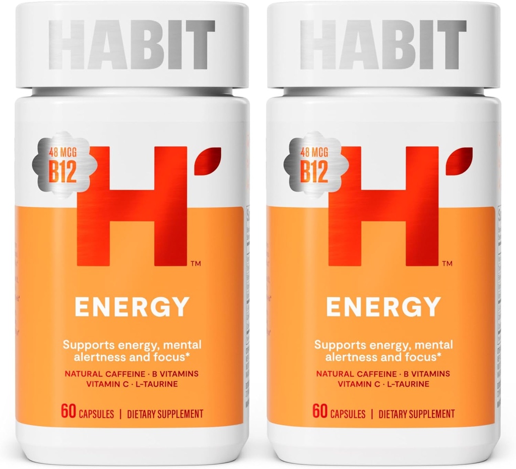 Habit Energy Supplement 2 Pack (120 Capsules) - New Look, Supports Energy, Mental Alertness and Focus, Natural Caffeine, Vitaminas B & C, Green Tea Extract, Vegan, Non-GMO