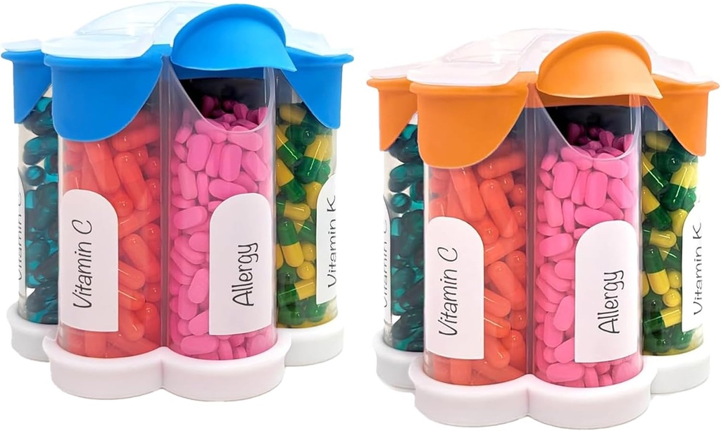 Organizador de píldoras extra grande diario, semanal, suplemento mensual botella, dispensador de píldoras lindo Blossom con 7 compartimentos XL (2 Pack Combo) (Light Blue y Orange)