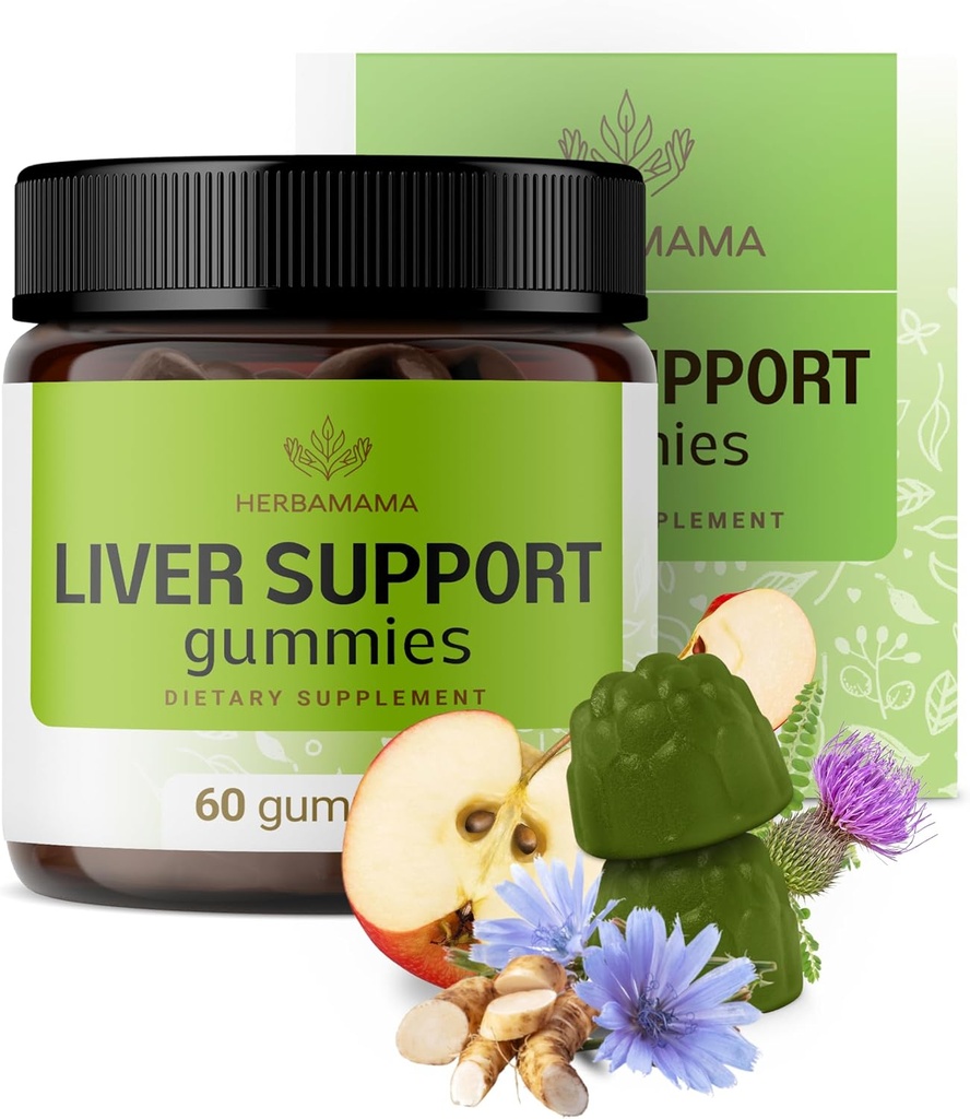 HERBAMAMA Liver Support Gummies - Herbal Complex for Liver Detox and Cleanse - Vegan, Non-GMO Overall Support Supplement - 60 Pectin-Based Apple-Flavored Chews