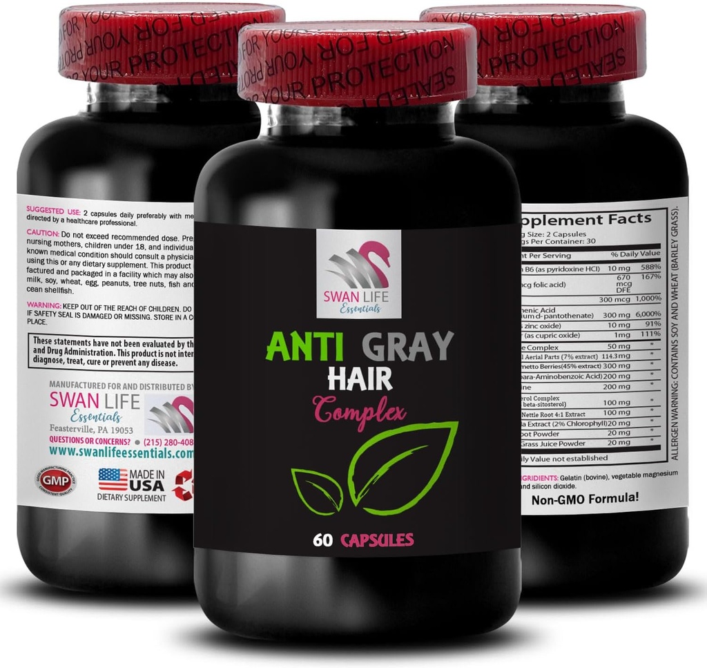 Anti píldoras de pelo gris - ANTI GRAY HAIR COMPLEX - Reversión de pelo gris, Renacimiento de color, tono de pelo, impulsor de vitalidad de color, Color fresco, suplemento de pelo gris anti, Transformación del cabello 1 Botella 60 cápsulas