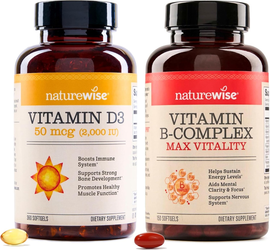 NatureWise Vitamina D3 2000iu 360 Conde y Complejo de Vitamina B 150 Softgels - Función muscular saludable, Soporte inmunitario, Energía celular, Claridad mental