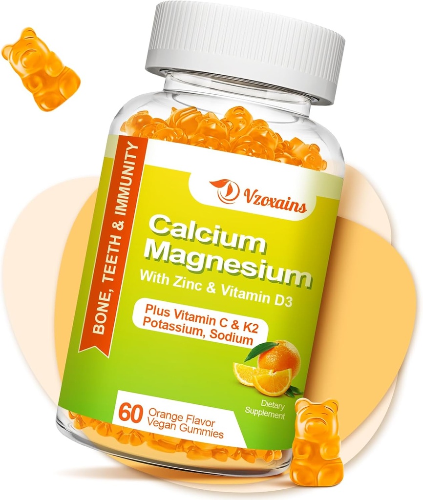 Alta Absorción Calcio Gummies, Azúcar suplemento de magnesio de calcio gratis con vitamina D3 de potasio para hombres y mujeres - Vegan, sabor a naranja 60 Cts
