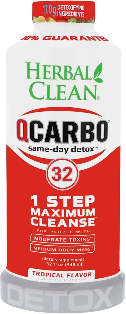 Herbal Clean QCarbo32 Premium Detox Bebida, Más fuerte 17.03g Blend (Tropical Flavor, 32 Fl Oz)
