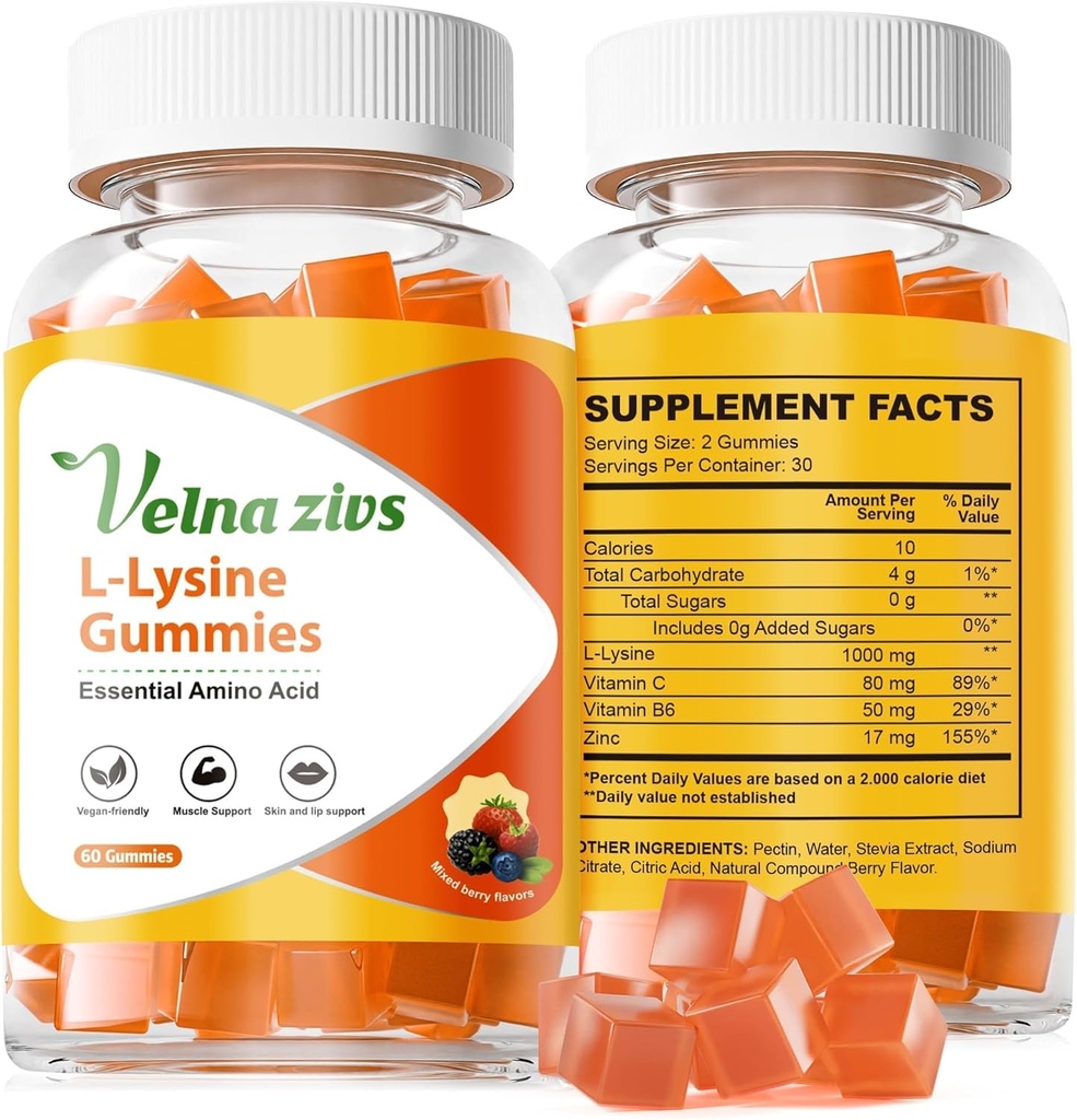 L-Lysine Gummies 1000mg, Chewable Lysine Suplementos para Adultos, Sugar Lisina Libre para el Tratamiento de la Sora Fría*, Apoyo Inmune con Vitamina, Esquí y Lips Health*, Vegan, No GMO, 60 Condes