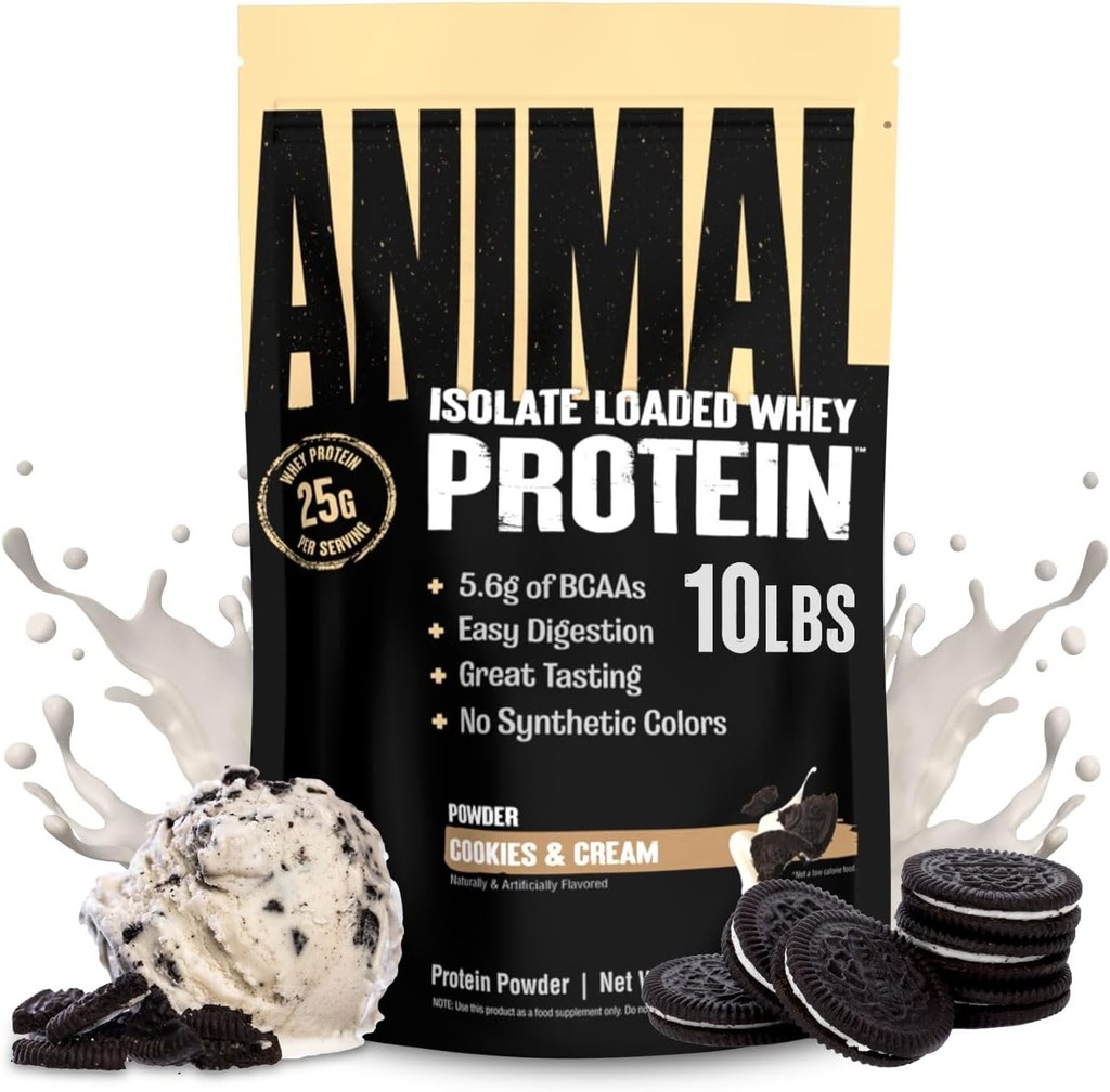 Animal Whey Isolate Protein Powder - Cargado para Pre &amp; Post Workout Muscle Builder y recuperación con enzimas digestivas para hombres y mujeres - 25g Proteína, gran sabor, bajo azúcar - Cookies &amp; Cream 10 libras