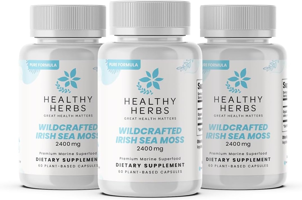 Herbs saludables Pure Irish Sea Moss Capsules ← US-Made, Vegan, Non-GMO, Easy-Swallow Seamoss Pills ← Superfood con más de 90 vitaminas esenciales y minerales (3-Pack)