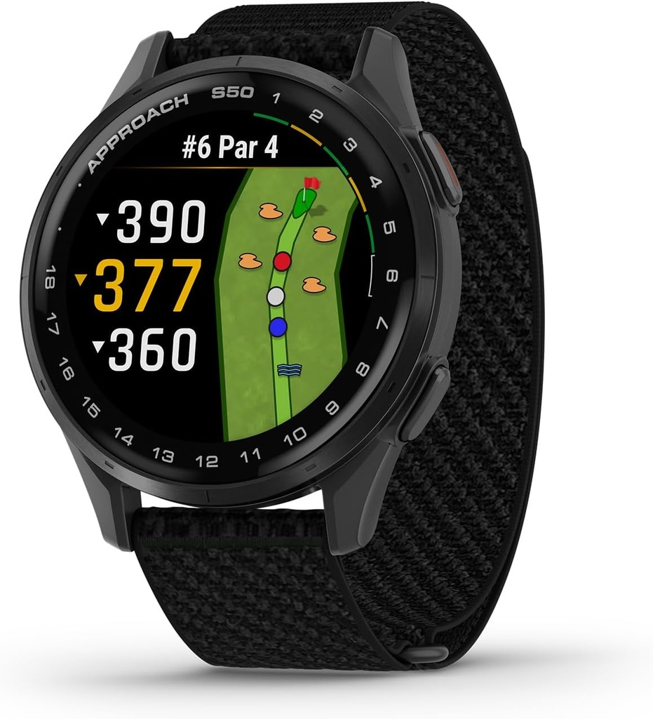 Garmin Approach® S50, Advanced Golf GPS Smartwatch, AMOLED Display, On-Course Características, Wrist-Based Heart Rate, Slate Aluminum Bezel with Black ComfortFit Nylon Band