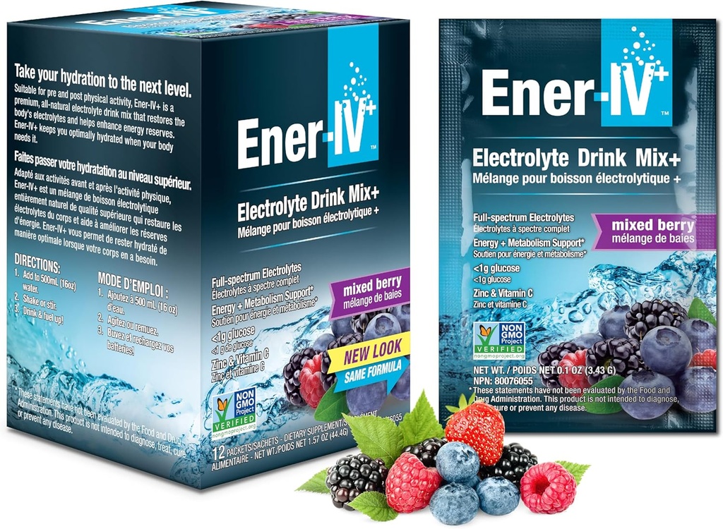 Ener-IV Electrolyte Hydration " Energy Drink Potassium Vitamin C " Zinc Electrolytes Powder Packets - Muscle Recovery " Immunity Sports Drinks for Women " Men Low Sugar Vegan, Mixed Berry - 12 Count