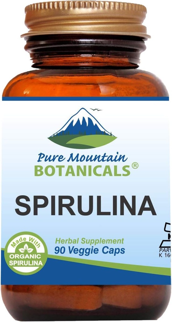 Pure Mountain Botanicals Spirulina Capsules - 90 Kosher Vegan Caps - Ahora con 450mg Organic Spirulina Powder - Suplemento de la Naturaleza