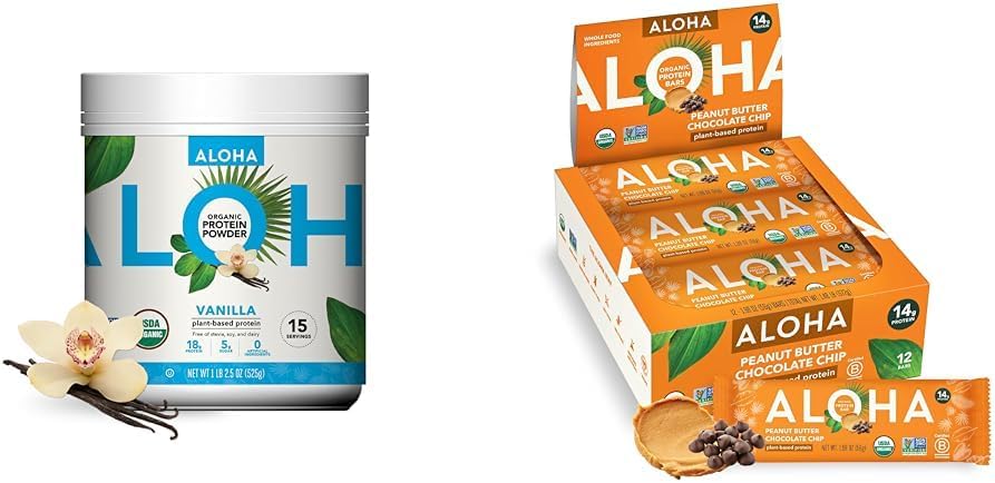 ALOHA Organic Plant-Based Protein Powder Vanilla 19.6oz, Protein Bares Peanut Butter Chocolate Chip 1.98oz Pack of 12 Bundle