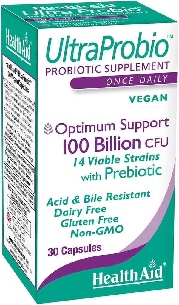 HealthAid UltraProbio, 100 Billion 30ct Once Daily Capsules, Optimum Support, 100 Billion with Prebiotic, Acid & Bile Resistant, Non-GMO