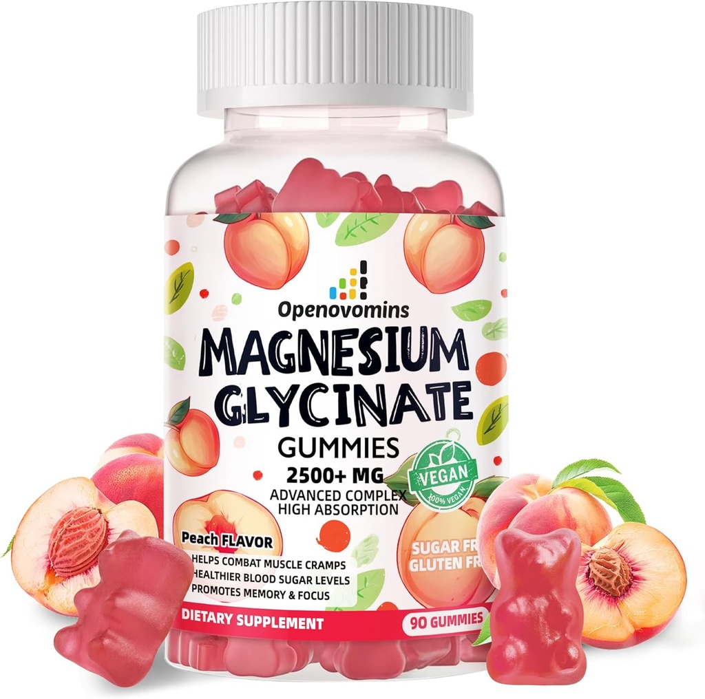 Magnesio Glycinate Gummies 2500mg - Suplemento de Potasio de Magnesio Libre de Azúcar con Vitamina D, B6, CoQ10 para calma Mood &amp; Sleep Support - 90 Peach Gummies
